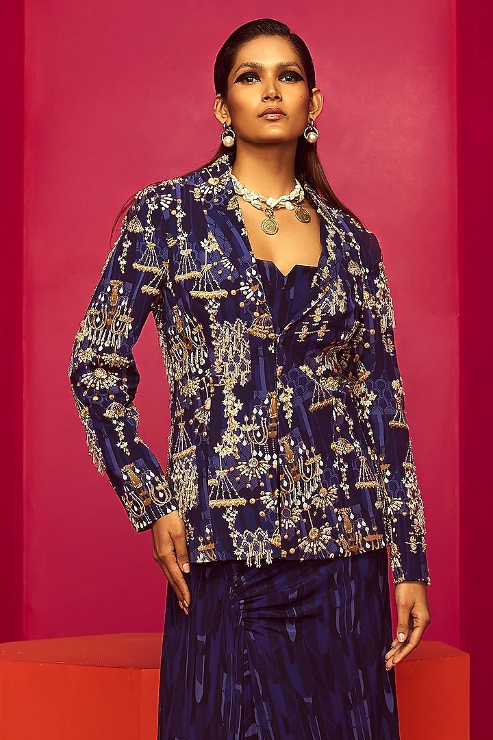Blue Georgette & Crepe Dhoti Skirt Set by Krisha Sunny Ramani at Pernia's Pop Up Shop