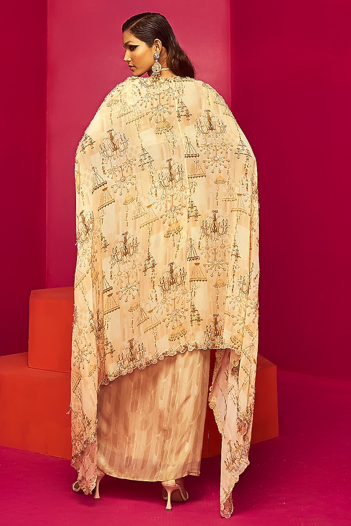 Ivory Georgette & Crepe Hand Embroidered Cape Set by Krisha Sunny Ramani at Pernia's Pop Up Shop