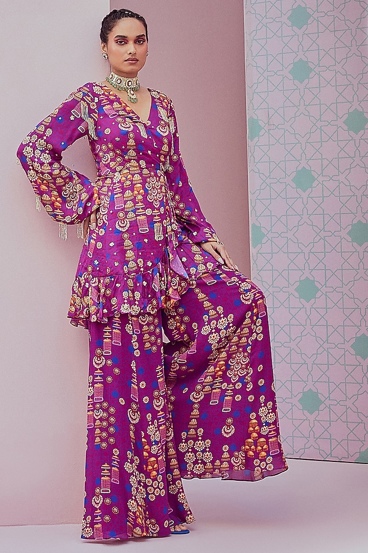 Purple Modal Satin Sharara Set by Krisha Sunny Ramani