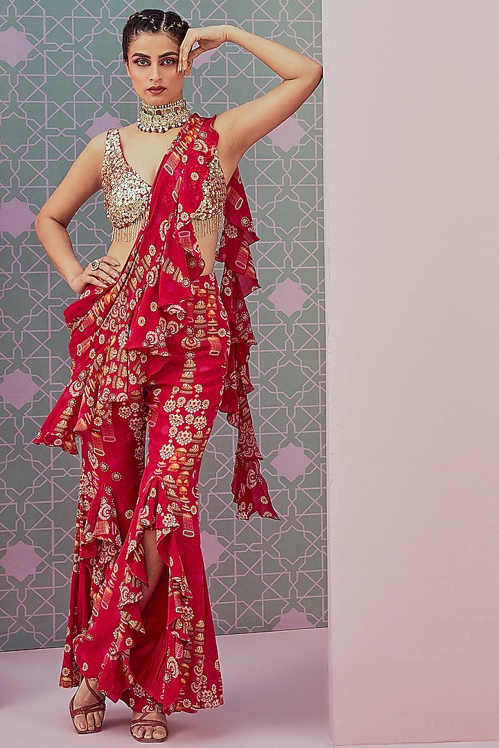 Red Georgette Printed Ruffled Pant Saree Set by Krisha Sunny Ramani