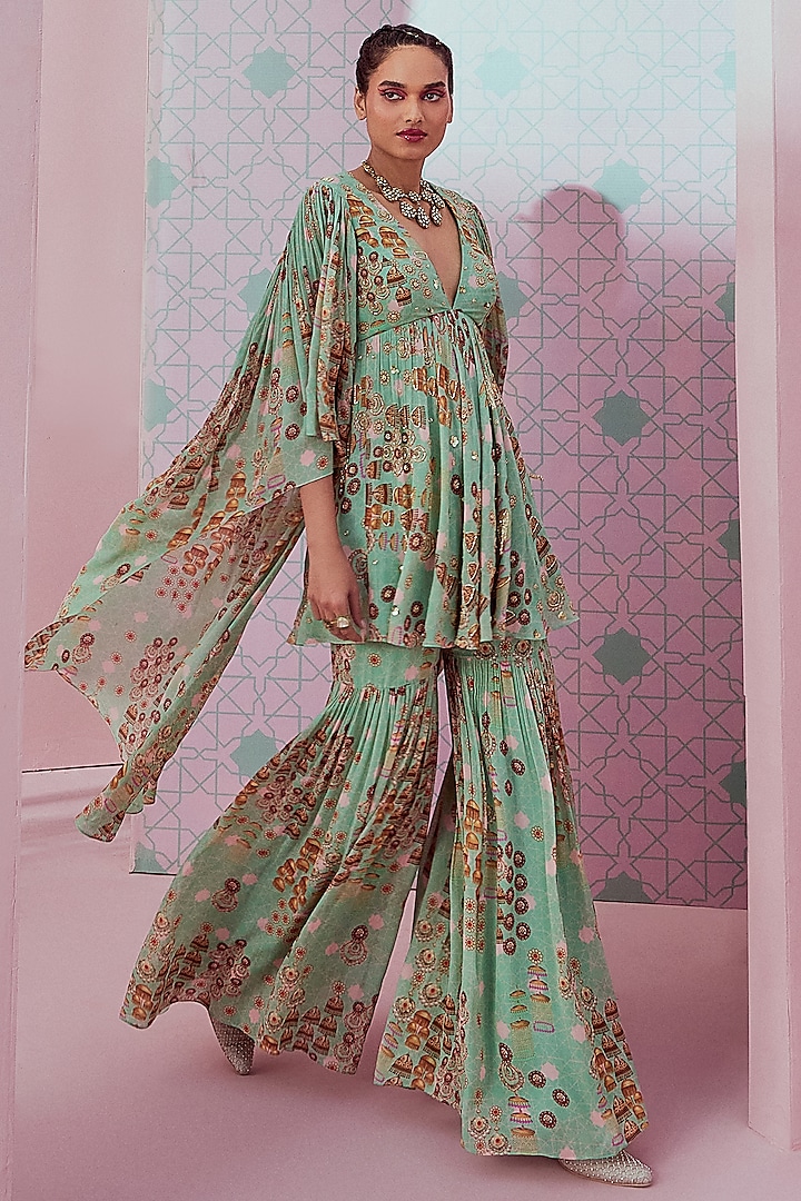 Mint Green Georgette Gharara Set by Krisha Sunny Ramani at Pernia's Pop Up Shop