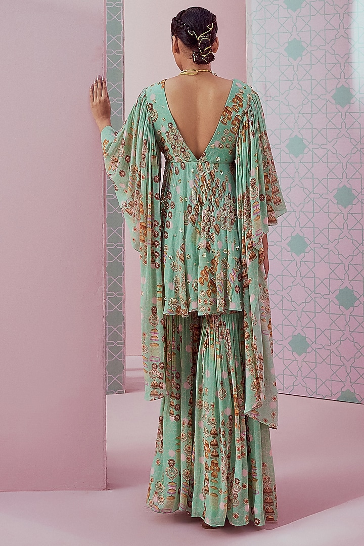 Mint Green Georgette Gharara Set by Krisha Sunny Ramani at Pernia's Pop Up Shop