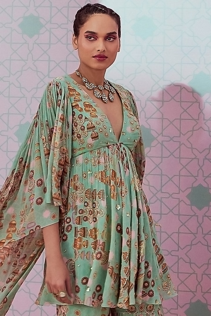 Mint Green Georgette Gharara Set by Krisha Sunny Ramani at Pernia's Pop Up Shop