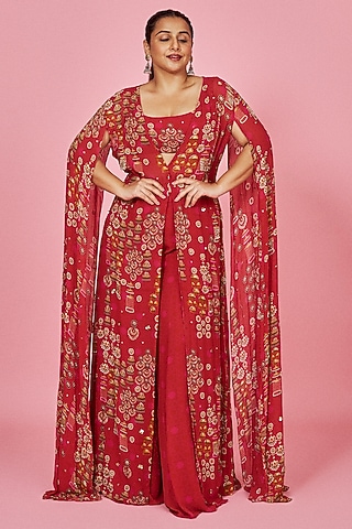 Red Georgette Cape Set by Krisha Sunny Ramani