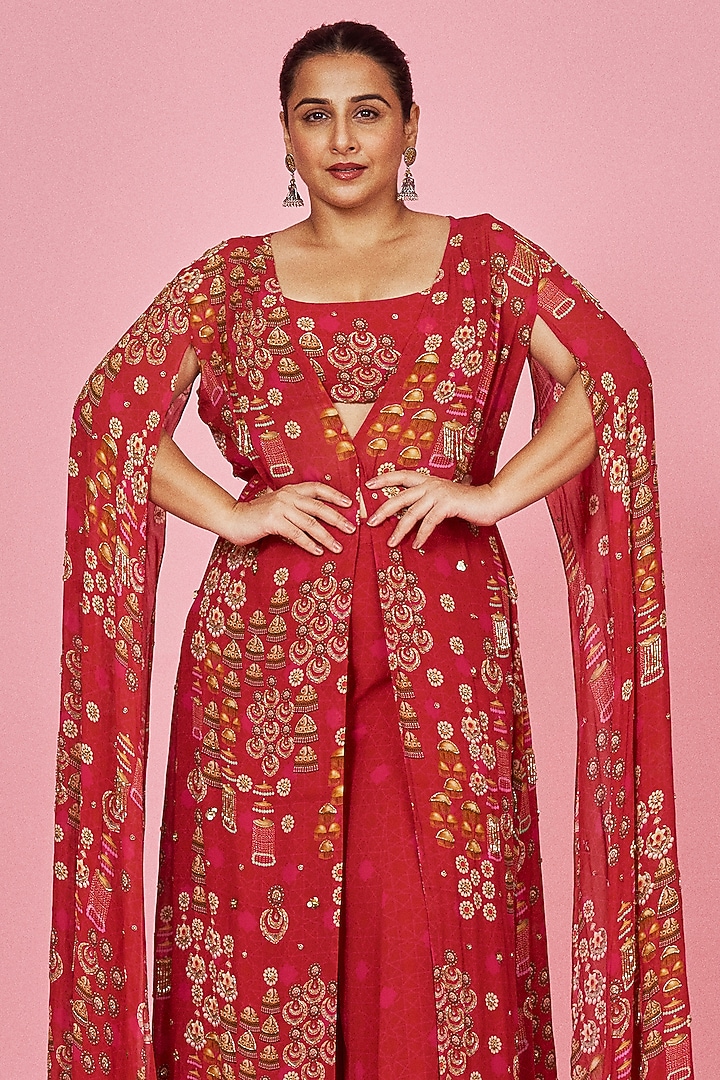 Red Georgette Cape Set by Krisha Sunny Ramani at Pernia's Pop Up Shop