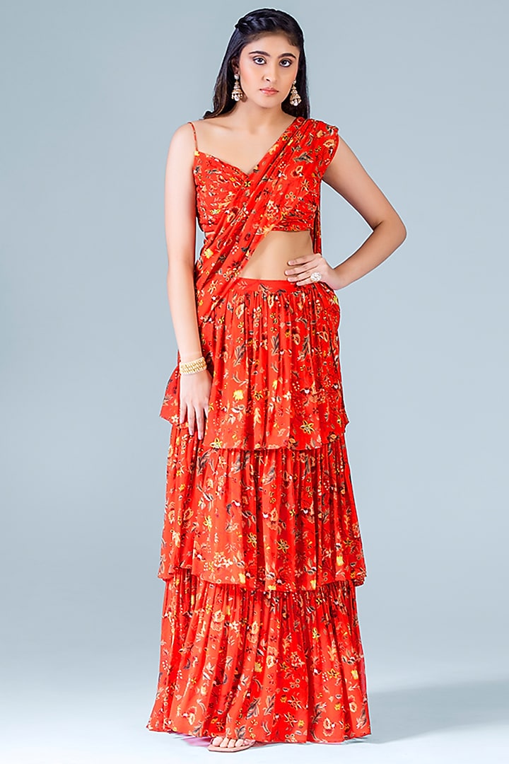 Red Georgette Printed Skirt Saree Set by Krisha Sunny Ramani