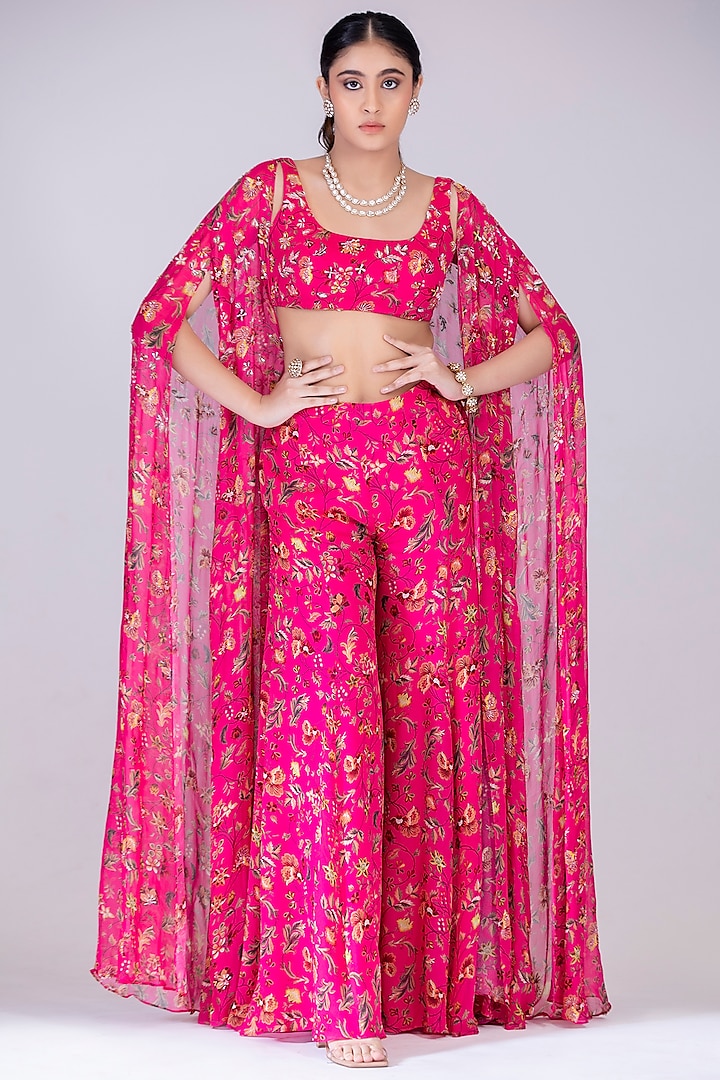 Fuchsia Pink Georgette Printed Sharara Set by Krisha Sunny Ramani