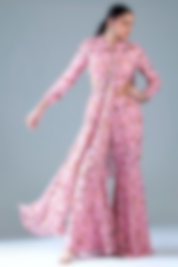 Blush Pink Georgette Printed Gharara Pant Saree Set by Krisha Sunny Ramani