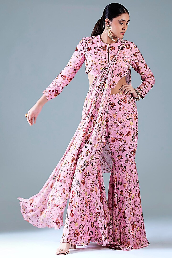 Blush Pink Georgette Printed Gharara Saree Set by Krisha Sunny Ramani