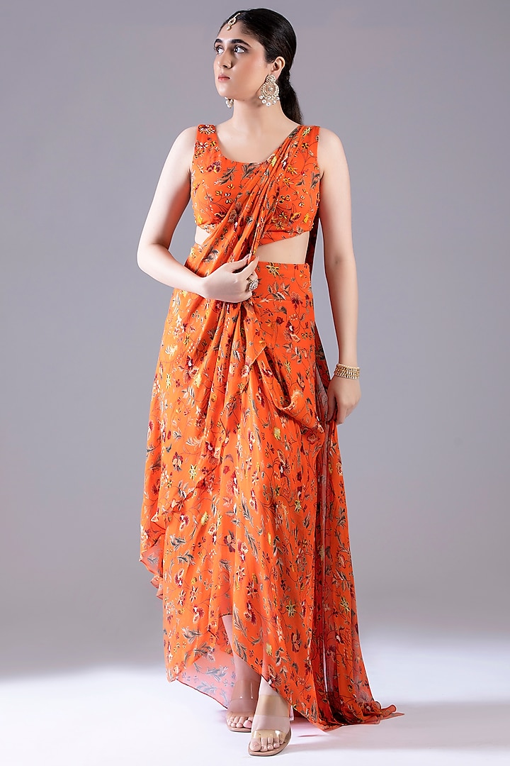 Orange Georgette Printed Cowl Dhoti Saree Set by Krisha Sunny Ramani