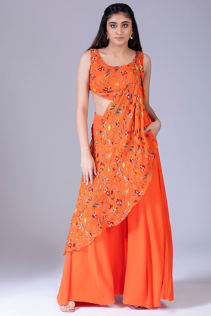 Orange Georgette Printed Sharara Pant Saree Set
 by Krisha Sunny Ramani