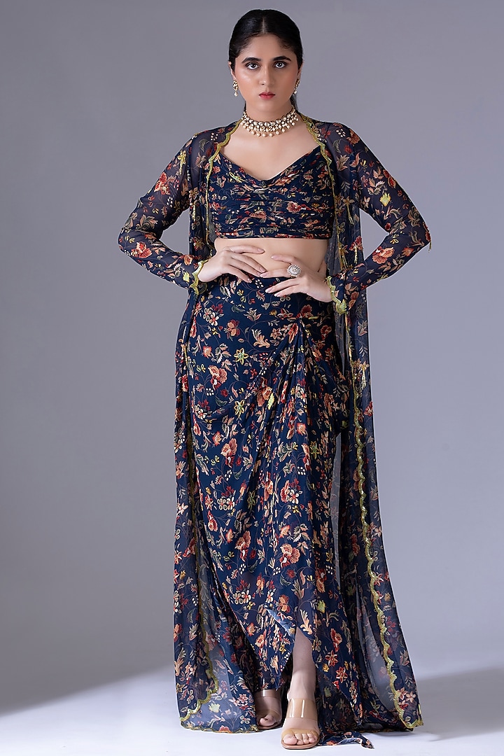 Navy Blue Georgette Printed Dhoti Set  by Krisha Sunny Ramani at Pernia's Pop Up Shop