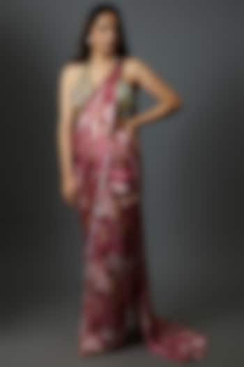 Maroon Modal Satin Pre-Draped Wedding Saree Set by Krisha Sunny Ramani at Pernia's Pop Up Shop