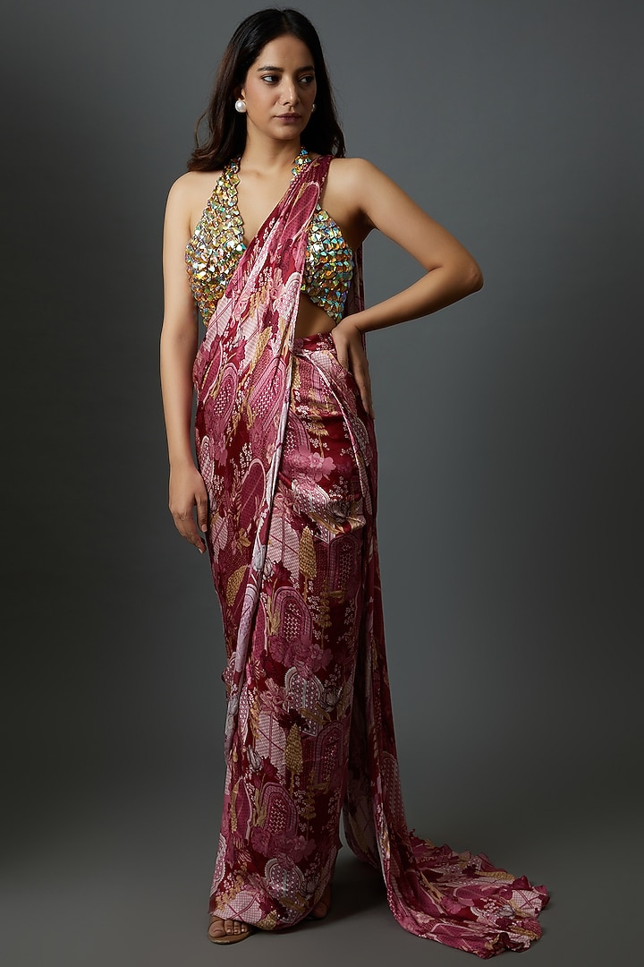 Maroon Modal Satin Pre-Draped Wedding Saree Set by Krisha Sunny Ramani at Pernia's Pop Up Shop