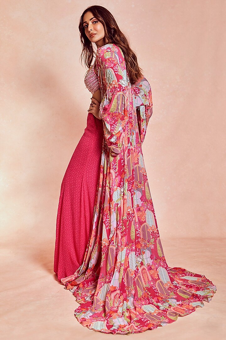 Fuchsia Pink Georgette Printed Cape Set by Krisha Sunny Ramani at Pernia's Pop Up Shop