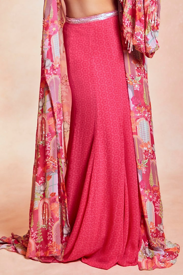 Fuchsia Pink Georgette Printed Cape Set by Krisha Sunny Ramani at Pernia's Pop Up Shop