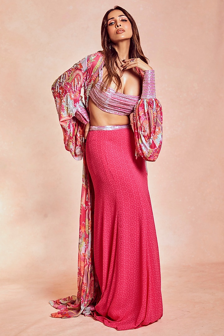 Fuchsia Pink Georgette Printed Cape Set by Krisha Sunny Ramani at Pernia's Pop Up Shop