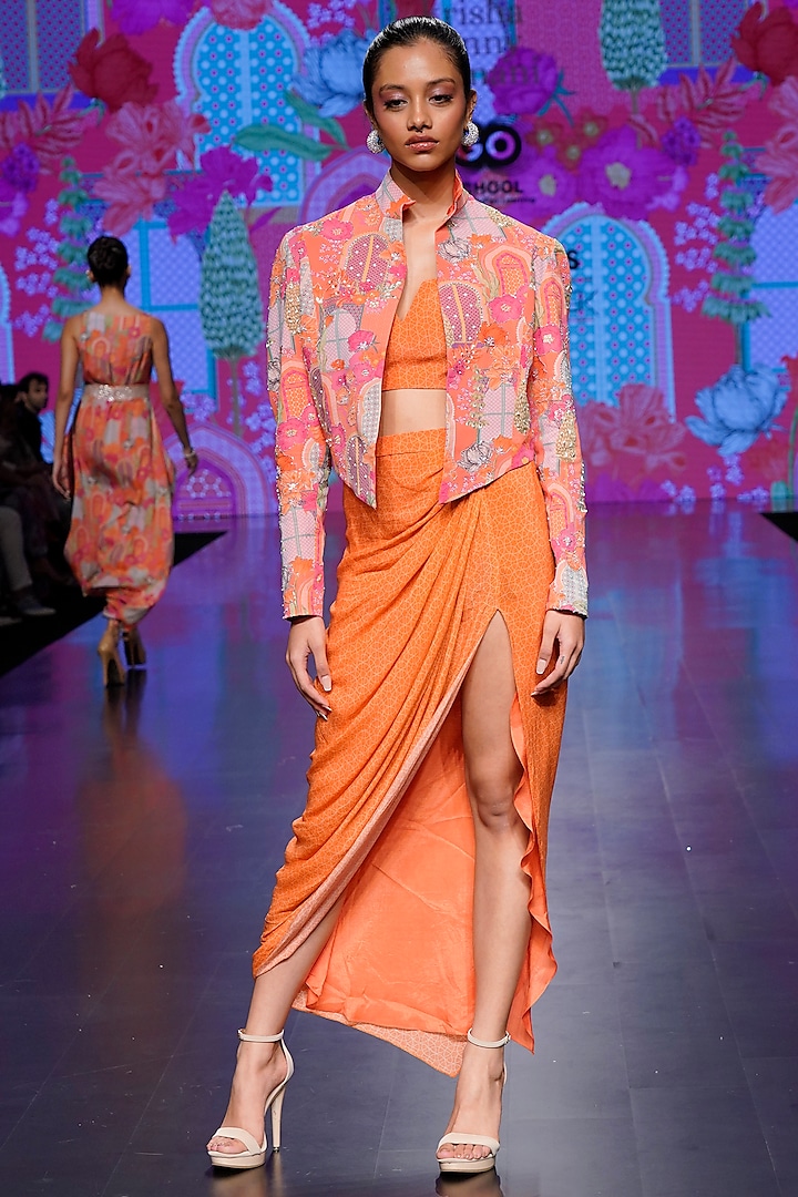 Orange Crepe Printed Jacket Set by Krisha Sunny Ramani