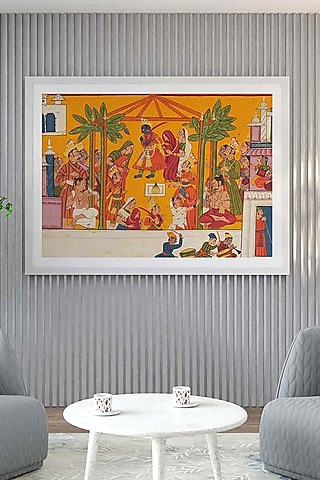Yellow Archival Paper Lord Rama and Sita Wedding Folk Painting by Krutik