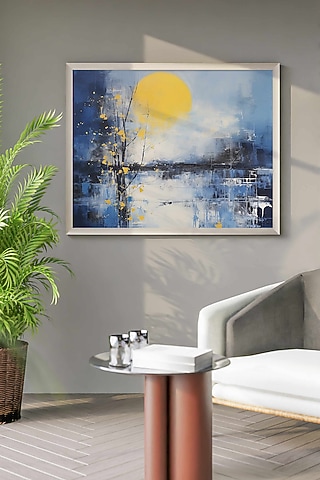 Blue & Yellow Archival Paper Premium Abstract Horizon Square Painting by Krutik