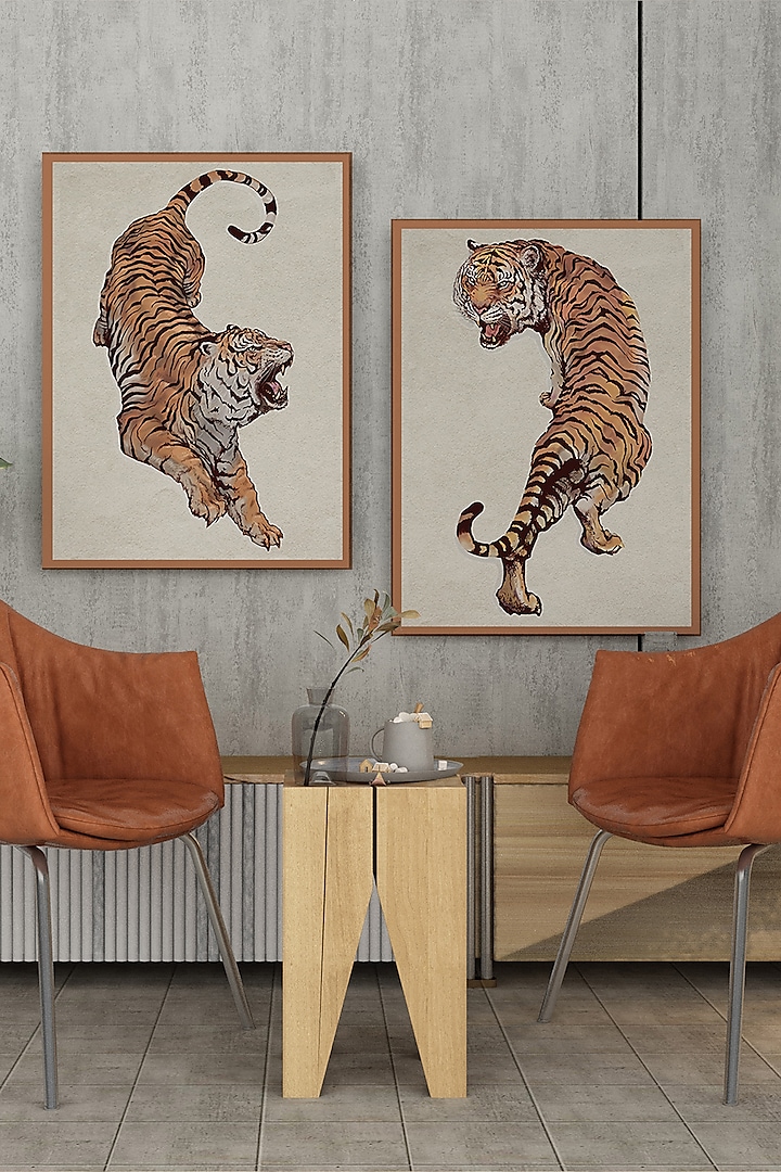 Yellow Archival Paper Tigers Painting (Set of 2) by Krutik