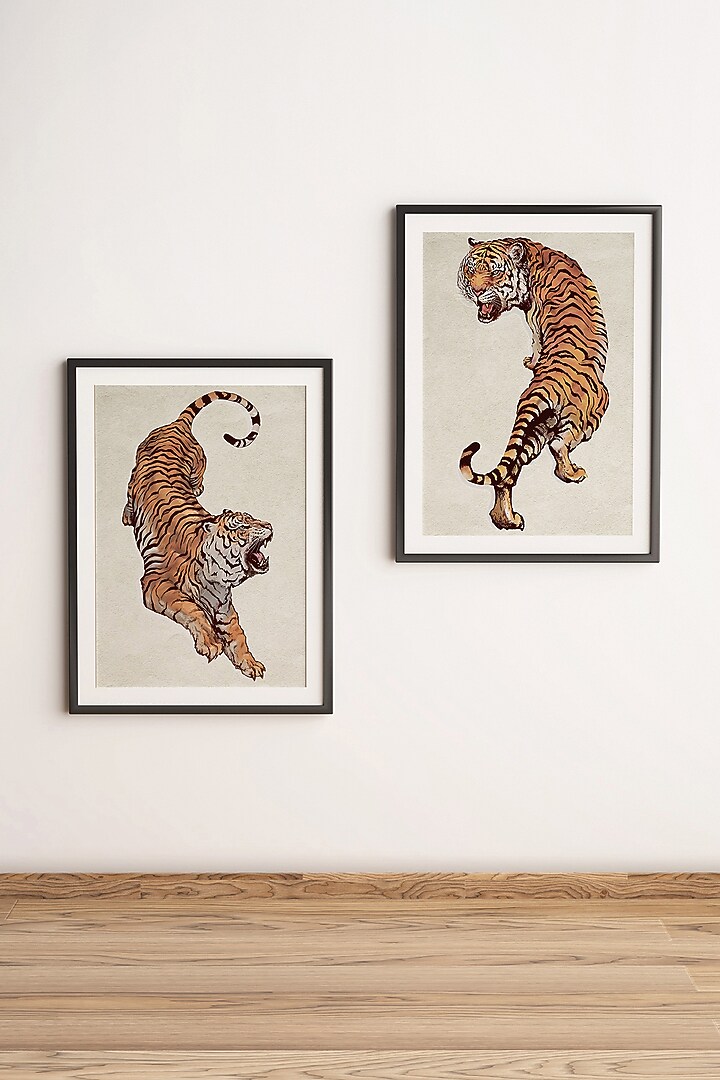 Yellow Archival Paper Tigers Painting (Set of 2) by Krutik at Pernia's Pop Up Shop