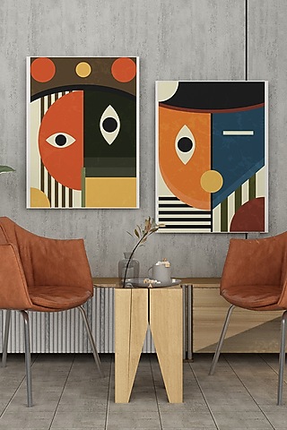 Multi-Colored Archival Paper Boho Faces Painting (Set of 2) by Krutik