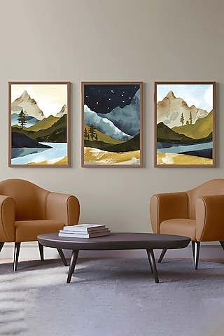 Multi-Colored Archival Paper Vintage Nature Landscape Painting (Set of 3) by Krutik