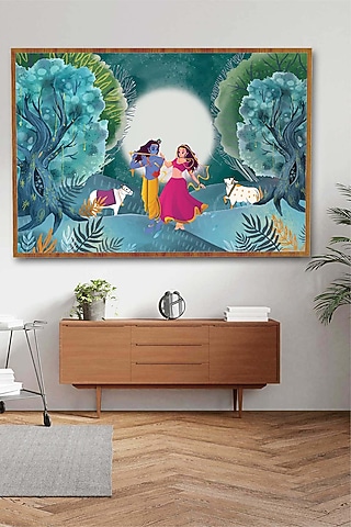 Turquoise & Green Archival Paper Radha Krishna Wall Art by Krutik