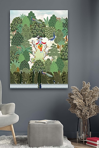 Turquoise & Olive Green Cotton Pichwai Wall Art by Krutik