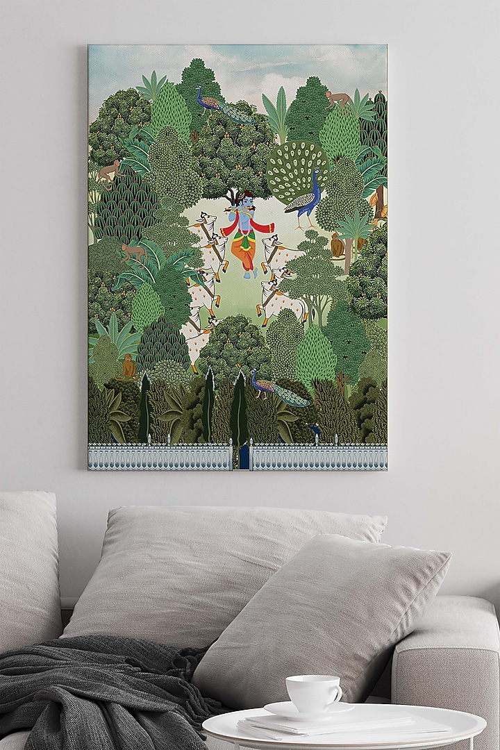 Turquoise & Olive Green Cotton Pichwai Wall Art by Krutik at Pernia's Pop Up Shop