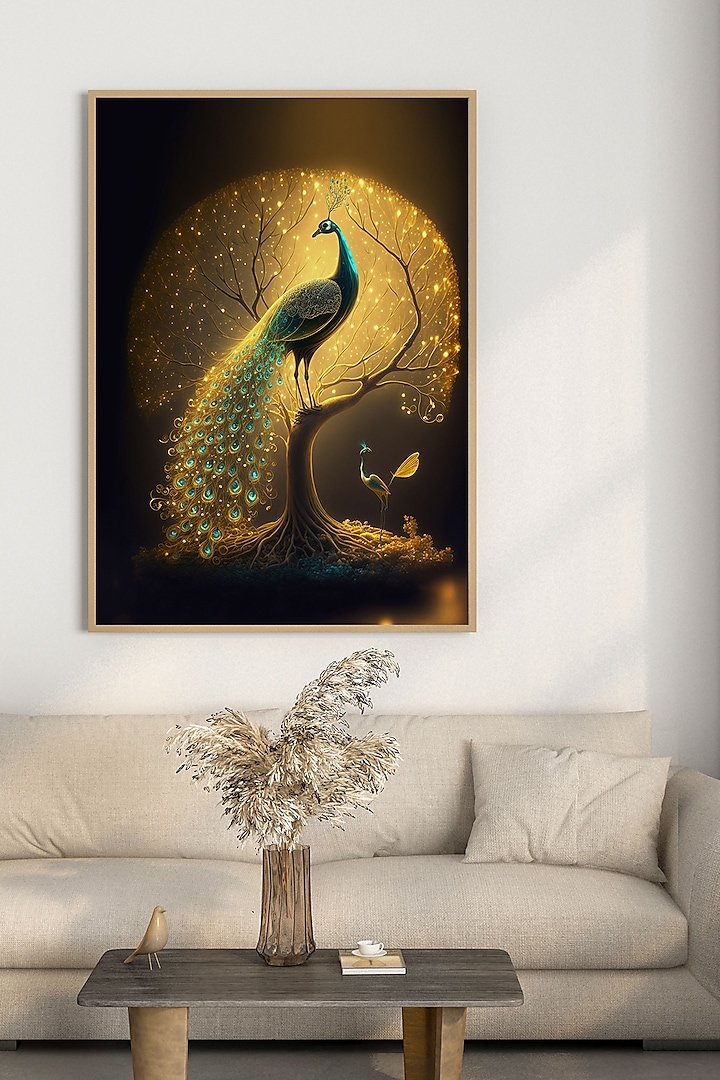 Gold & Turquoise Archival Paper Peacock Wall Art by Krutik