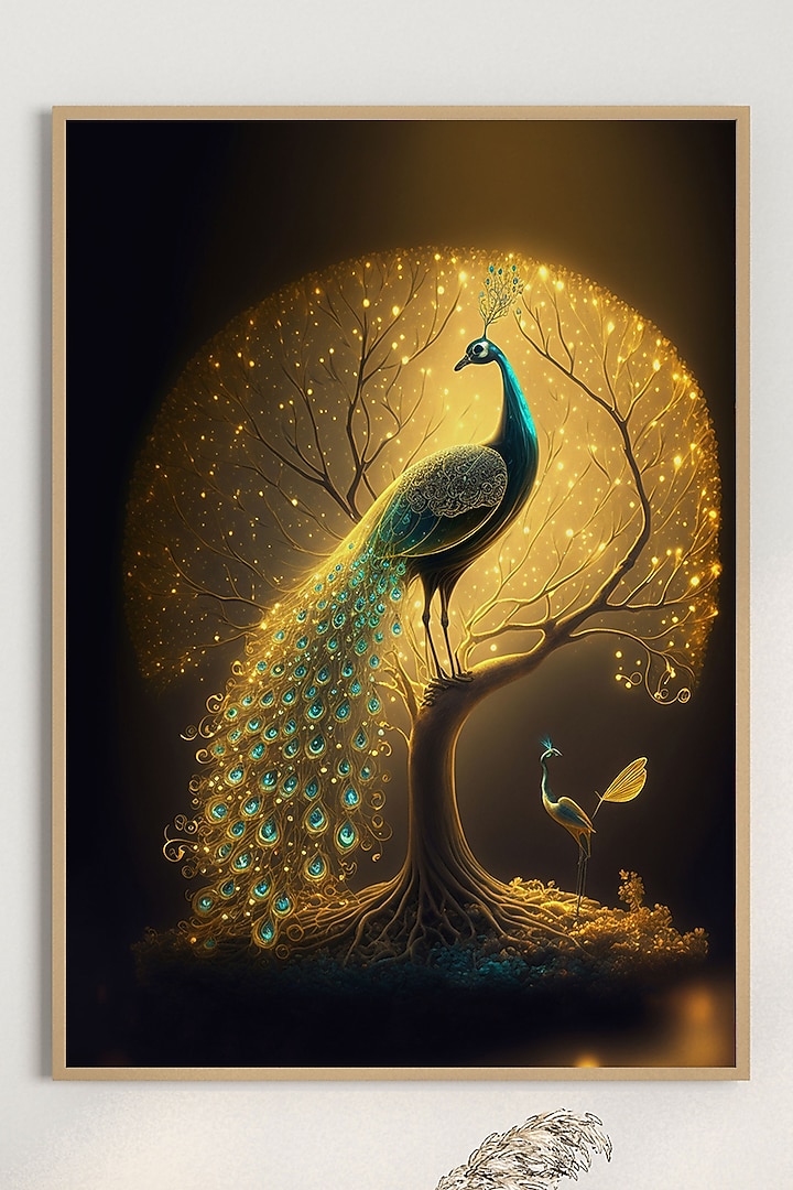 Gold & Turquoise Archival Paper Peacock Wall Art by Krutik at Pernia's Pop Up Shop