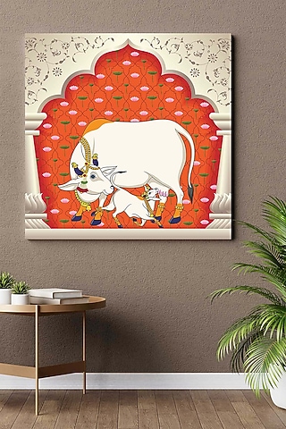 Orange Canvas Kamdhenu Pichwai Wall Art Painting by Krutik