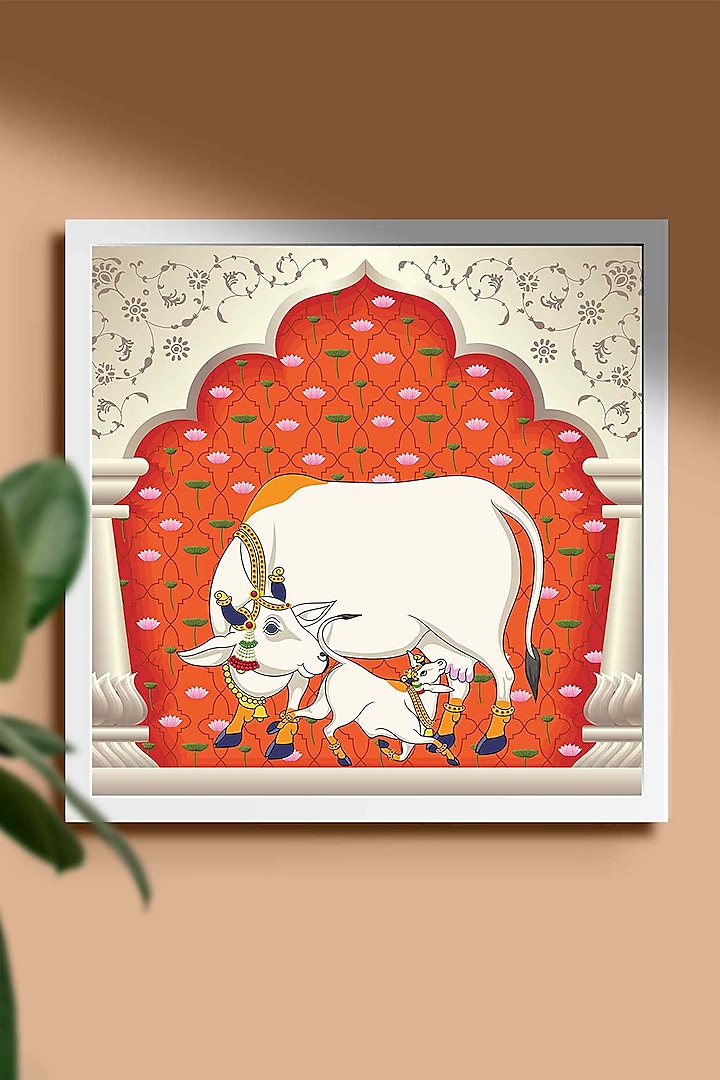 Orange Canvas Kamdhenu Pichwai Wall Art Painting by Krutik at Pernia's Pop Up Shop