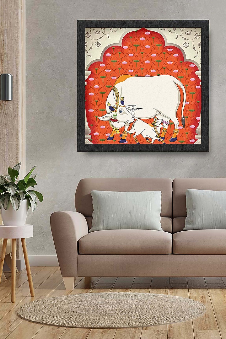 Orange Canvas Kamdhenu Pichwai Wall Art Painting by Krutik at Pernia's Pop Up Shop