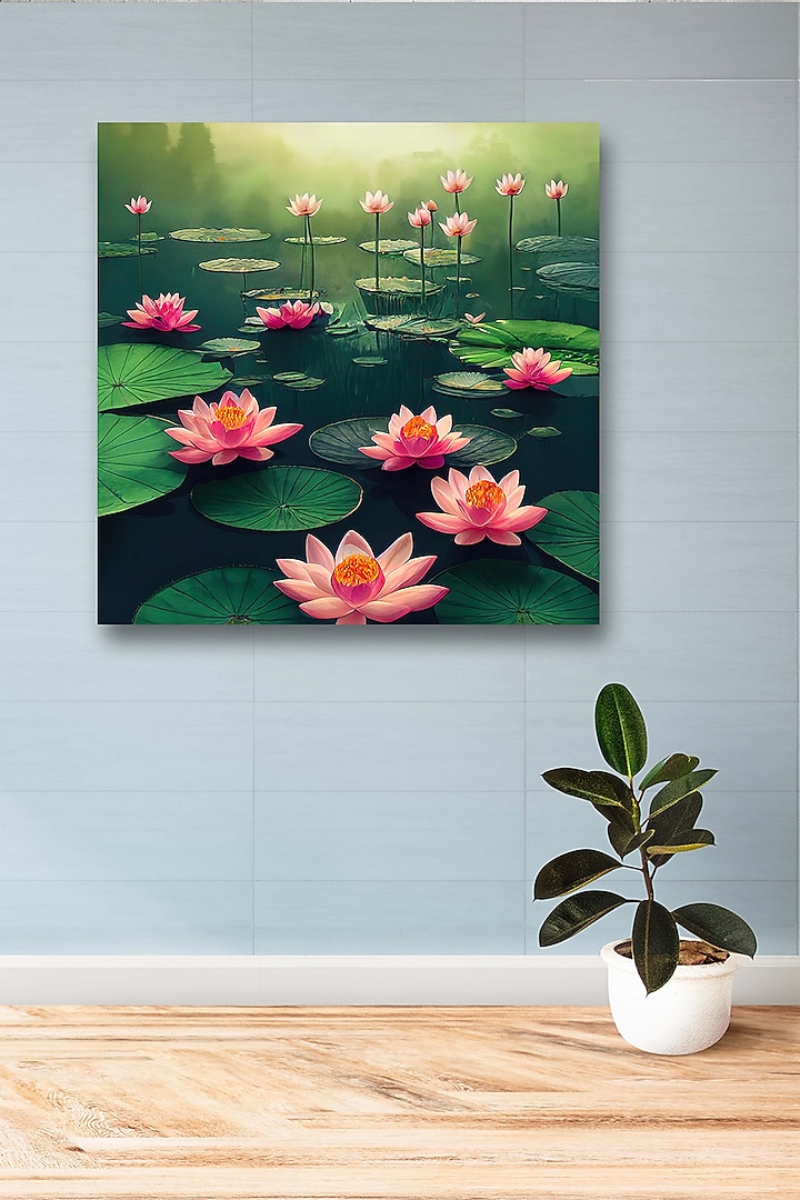 Olive Green Archival Paper Lotus Wall Art Painting by Krutik