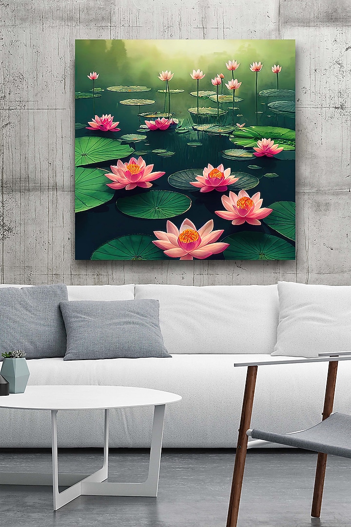 Olive Green Archival Paper Lotus Wall Art Painting by Krutik at Pernia's Pop Up Shop