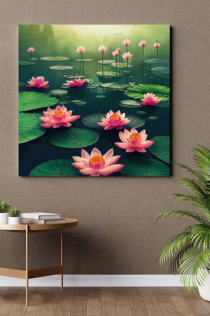 Olive Green Archival Paper Lotus Wall Art Painting by Krutik at Pernia's Pop Up Shop