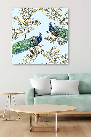 Turquoise Blue Archival Paper Exquisite Peacock Wall Art Painting by Krutik