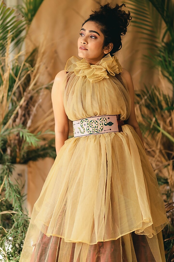 Beige Khadi & Leather Embroidered Belt by KrutiArts at Pernia's Pop Up Shop