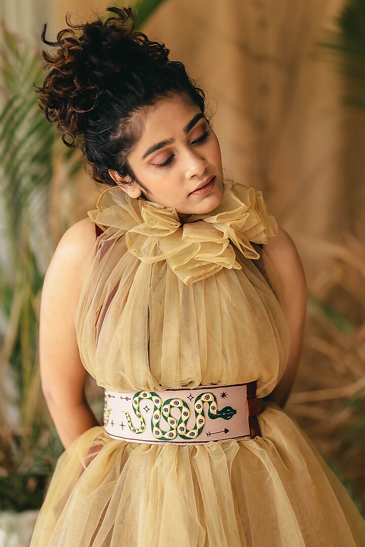 Beige Khadi & Leather Embroidered Belt by KrutiArts at Pernia's Pop Up Shop
