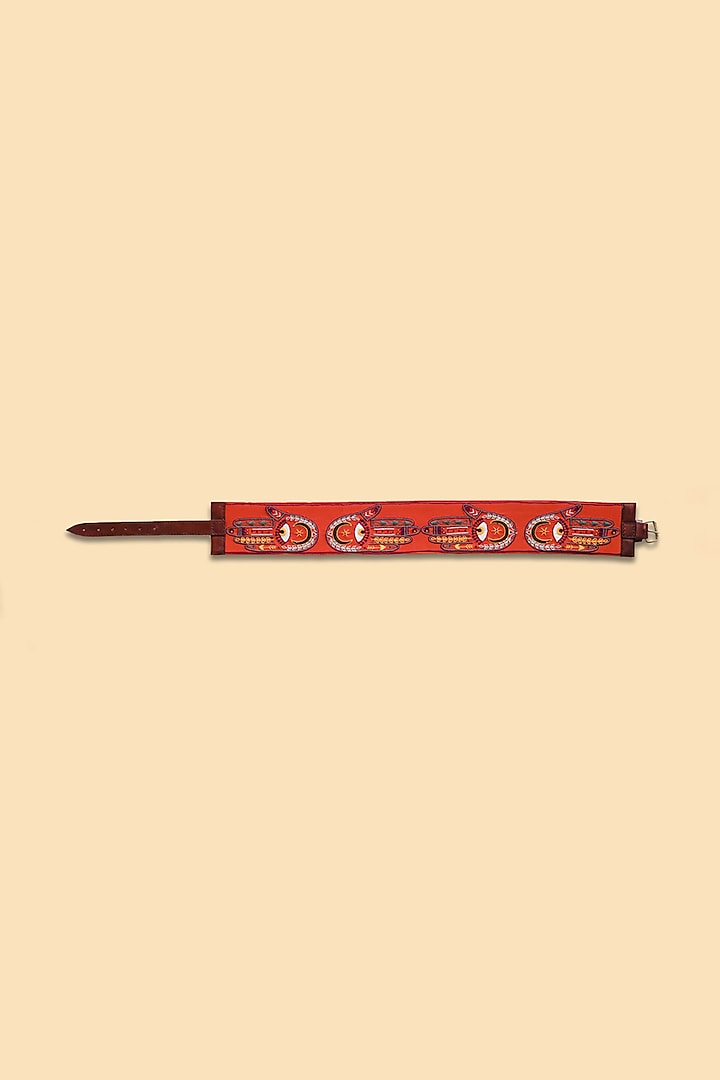 Orange Khadi & Leather Embroidered Belt by KrutiArts