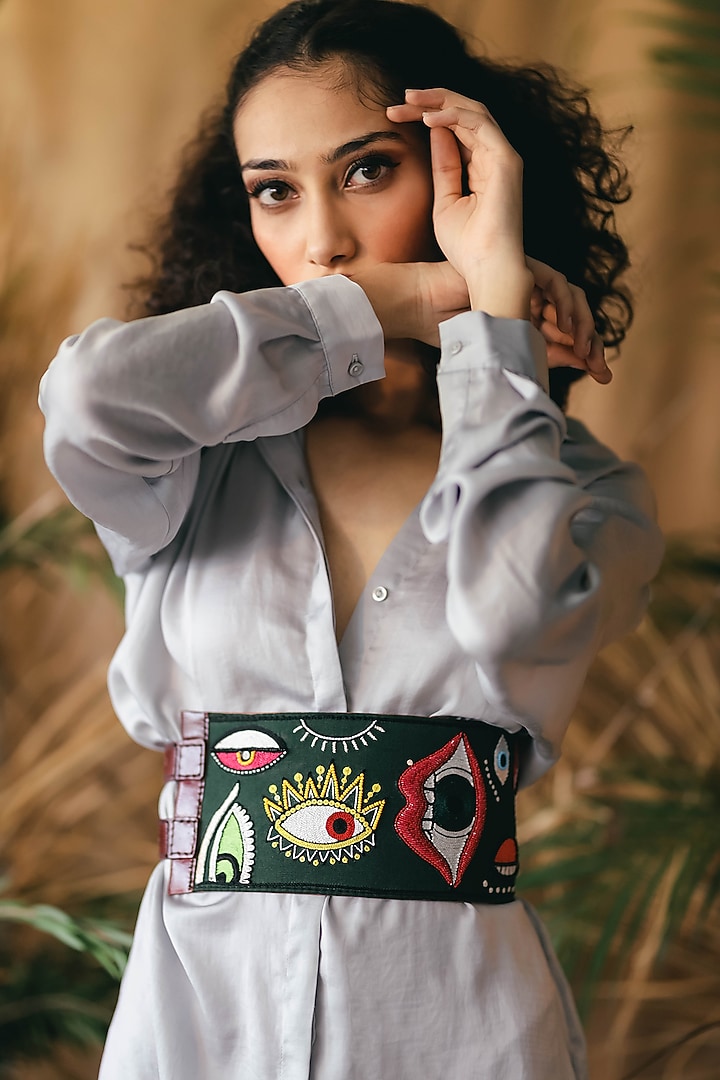Green Khadi & Leather Embroidered Belt by KrutiArts at Pernia's Pop Up Shop