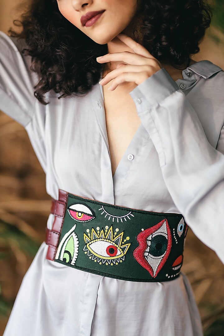 Green Khadi & Leather Embroidered Belt by KrutiArts at Pernia's Pop Up Shop