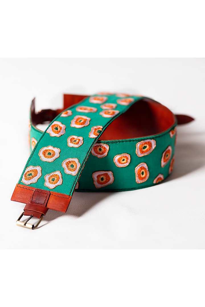 Green Khadi & Leather Embroidered Belt by KrutiArts
