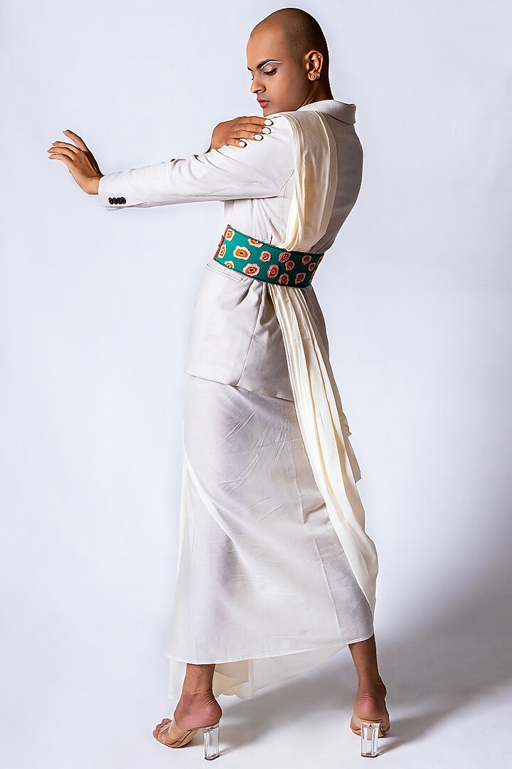 Green Khadi & Leather Embroidered Belt by KrutiArts at Pernia's Pop Up Shop