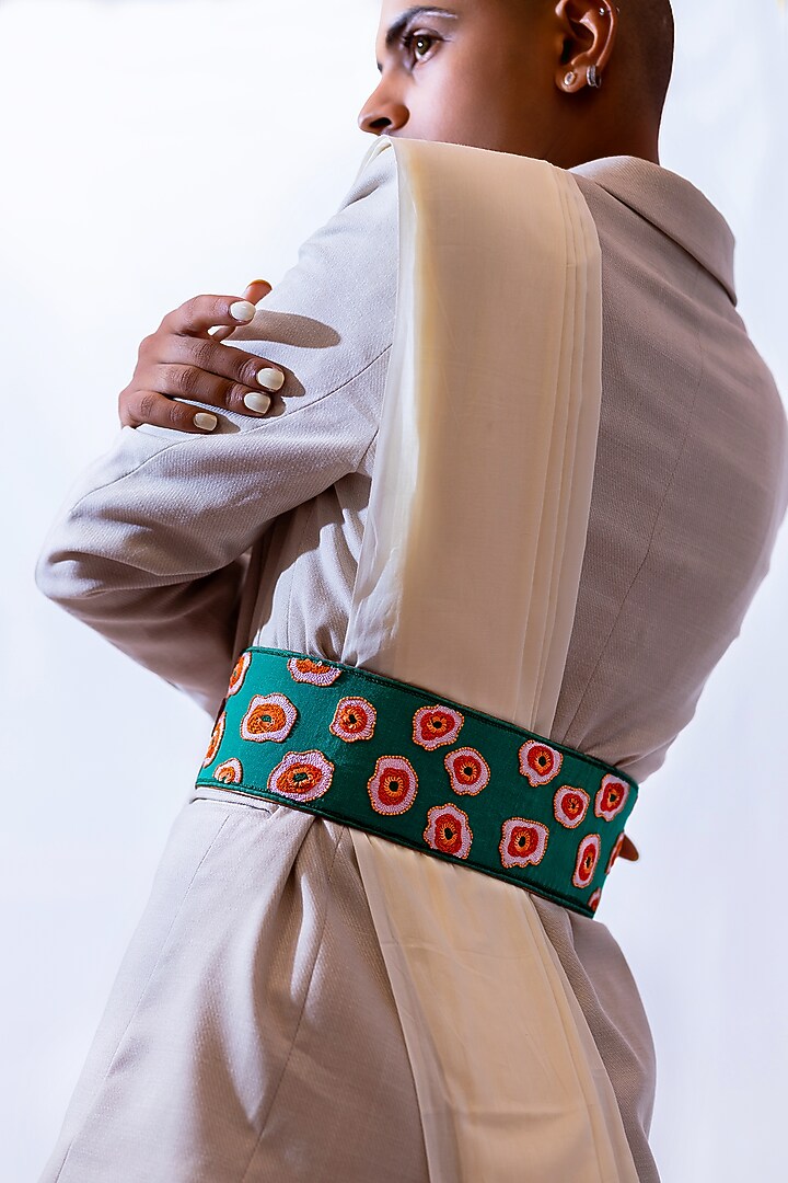 Green Khadi & Leather Embroidered Belt by KrutiArts at Pernia's Pop Up Shop
