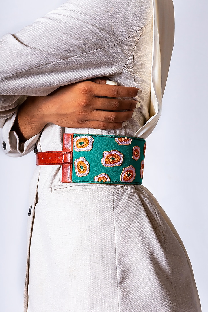 Green Khadi & Leather Embroidered Belt by KrutiArts at Pernia's Pop Up Shop
