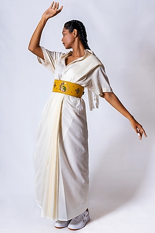 Yellow Khadi & Leather Embroidered Belt by KrutiArts